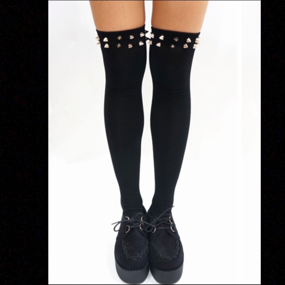 Knee high thick black socks with spike studs